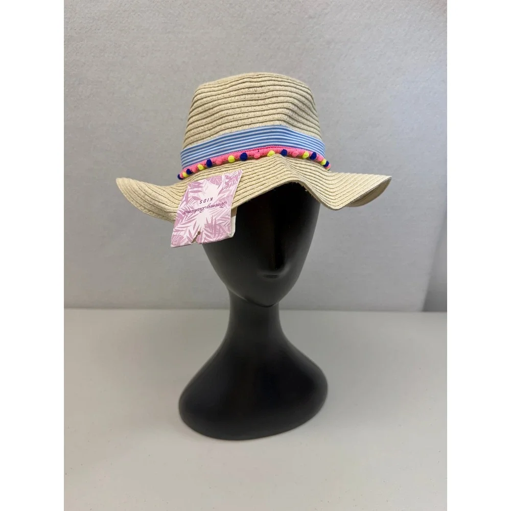 Tommy Bahama Kids Tan Straw Sun Hat Fedora Striped Pom Pom NWT New